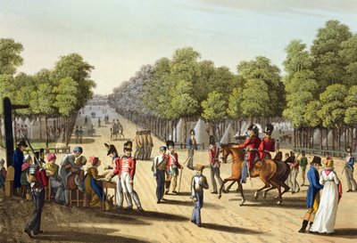 Campamento del ejército británico en el Bois de Boulogne, 1815, grabado por Matthew Dubourg de 